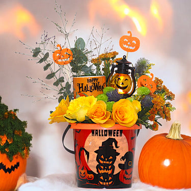 Halloween Pumpkin Basket with Orange Roses, Chrysanthemums & Festive Decor